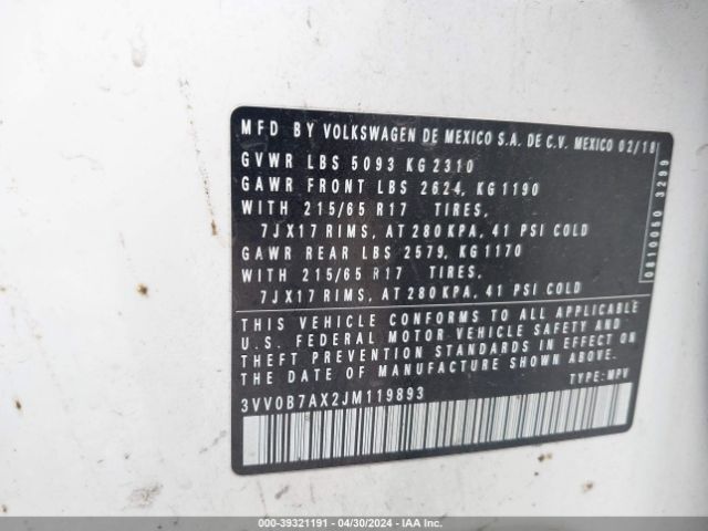 3VV0B7AX2JM119893 Volkswagen Tiguan 2.0t S