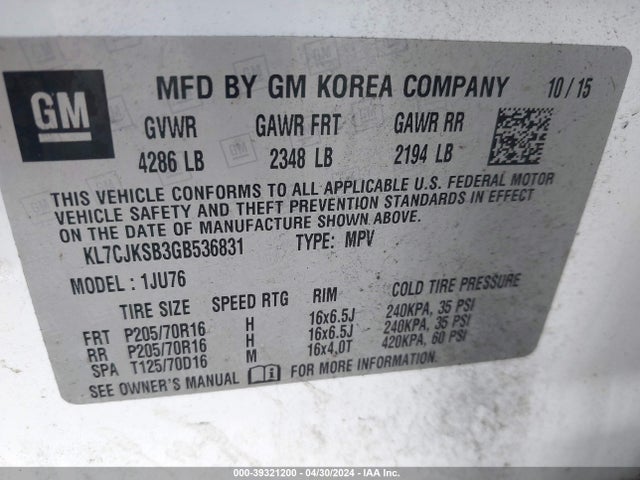 Chevrolet Trax 1ls 2016 KL7CJKSB3GB536831 Image 9