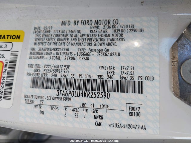 Ford Fusion Hybrid Se 2019 3FA6P0LU4KR252590 Image 9