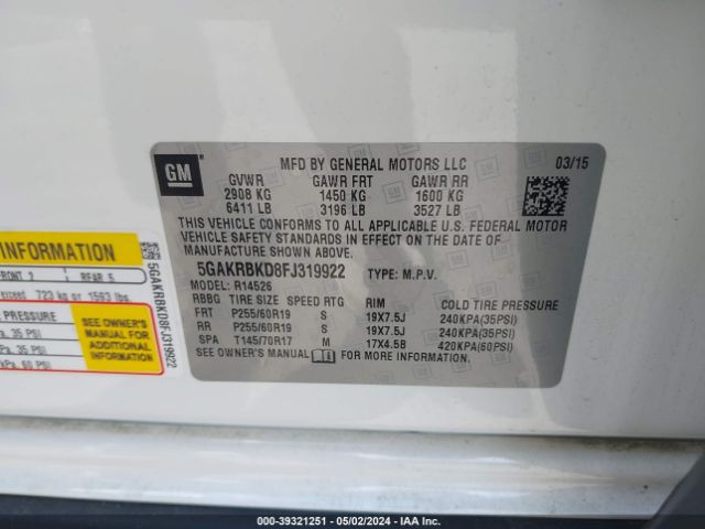 5GAKRBKD8FJ319922 Buick Enclave Leather