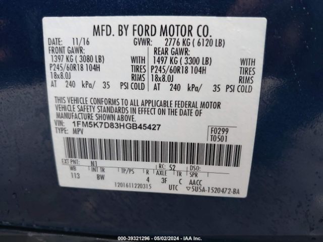 1FM5K7D83HGB45427 Ford EXPLORER XLT