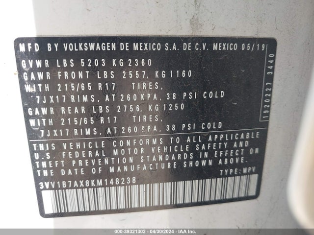 3VV1B7AX8KM148238 Volkswagen Tiguan 2.0t S