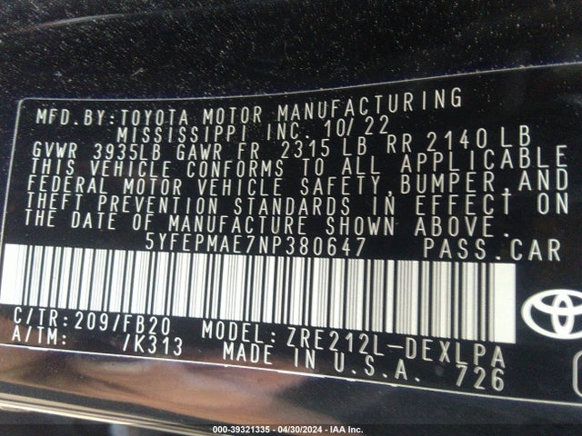 Toyota COROLLA LE 2022 5YFEPMAE7NP380647 Image 9
