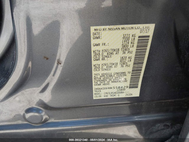 Nissan TITAN S 2017 1N6AA1EK4HN558429 Image 9