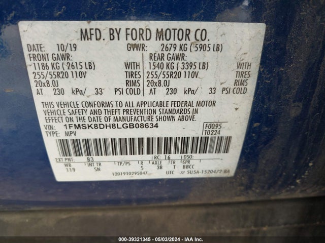 Ford EXPLORER XLT 2020 1FMSK8DH8LGB08634 Image 9