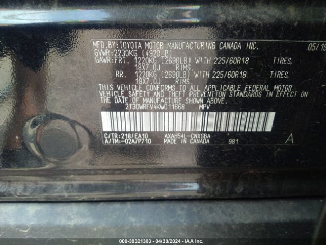 2T3DWRFV4KW011668 Toyota Rav4 Hybrid Limited