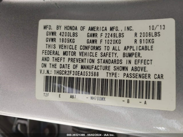 Honda ACCORD LX 2014 1HGCR2F30EA053588 Image 9