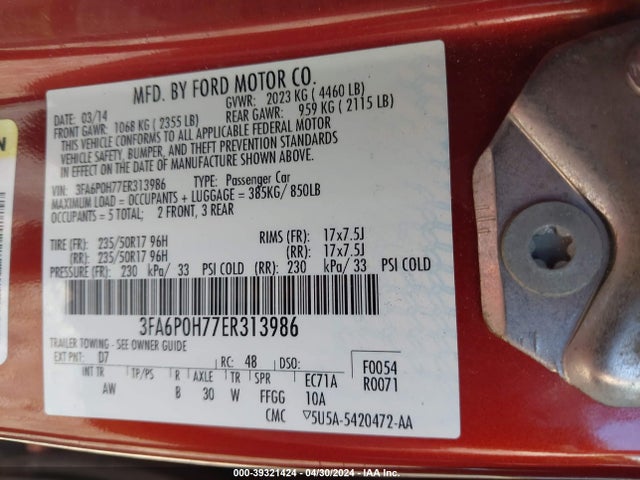 Ford FUSION SE 2014 3FA6P0H77ER313986 Image 9