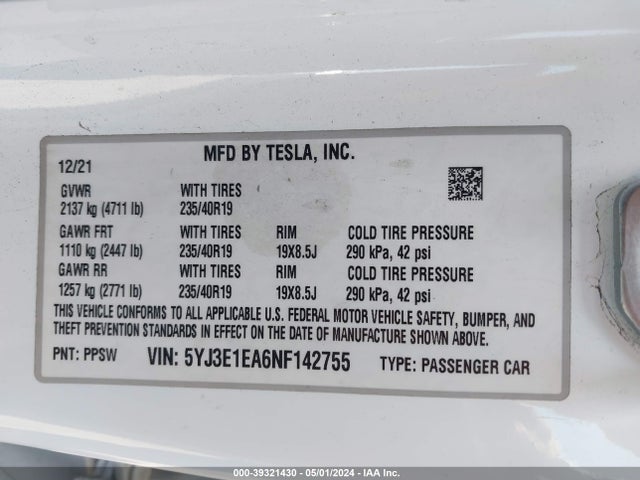 2022 TESLA MODEL 3 5YJ3E1EA6NF142755 Photo 8