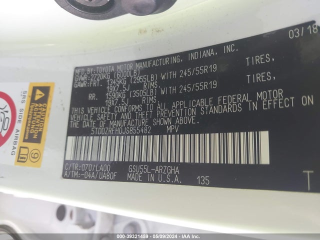 Toyota Highlander Limited Platinum 2018 5TDDZRFH0JS855482 Image 9