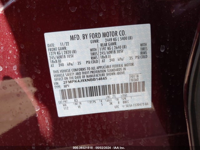 Ford EDGE SEL 2022 2FMPK4J9XNBB14845 Image 9