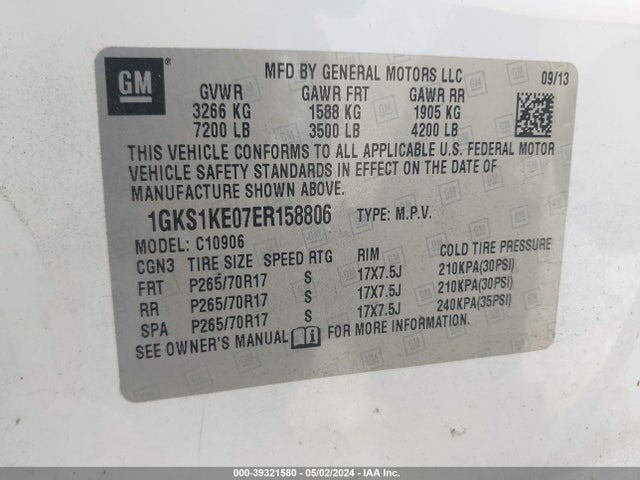 1GKS1KE07ER158806 GMC Yukon Xl 1500 Slt