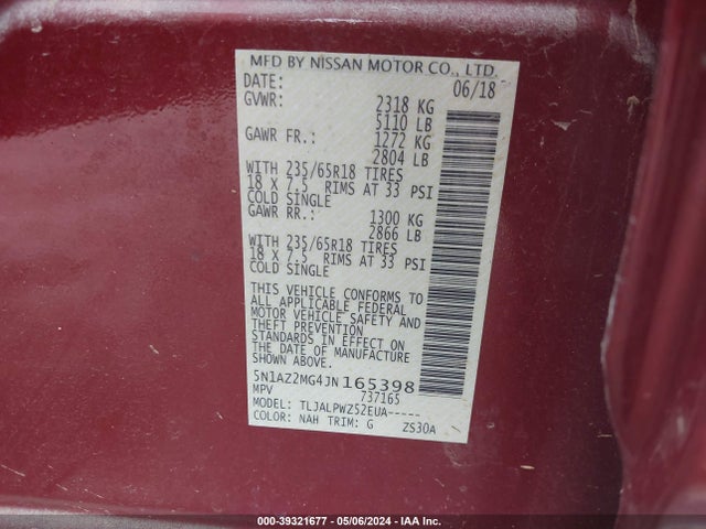 Nissan MURANO S 2018 5N1AZ2MG4JN165398 Image 9