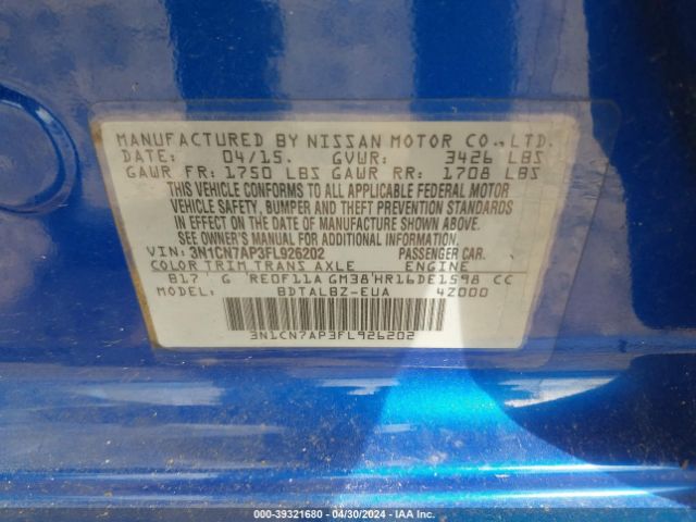 3N1CN7AP3FL926202 Nissan Versa 1.6 S/1.6 S+/1.6 Sl/1.6 Sv