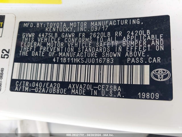 Toyota CAMRY SE 2018 4T1B11HK5JU016783 Image 9