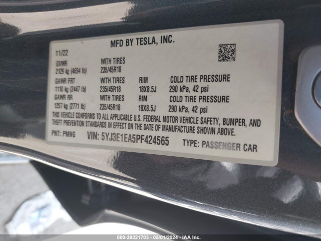 5YJ3E1EA5PF424565 Tesla Model 3 Rear-wheel Drive