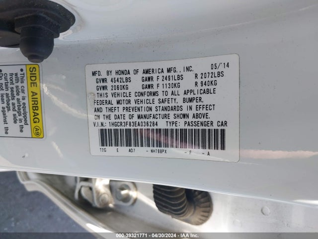 Honda Accord Ex-l V-6 2014 1HGCR3F83EA036284 Image 9