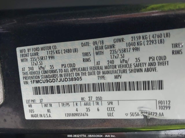 Ford ESCAPE SE 2018 1FMCU9GD7JUD38905 Image 9