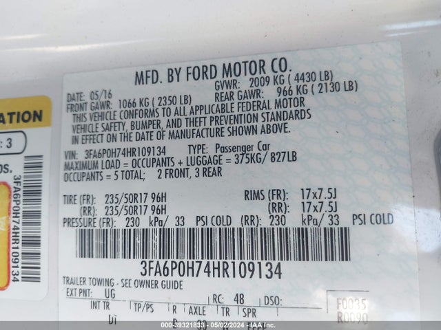 Ford FUSION SE 2017 3FA6P0H74HR109134 Image 9