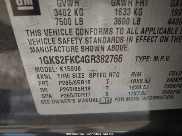 1GKS2FKC4GR382766 GMC Yukon Xl Sle