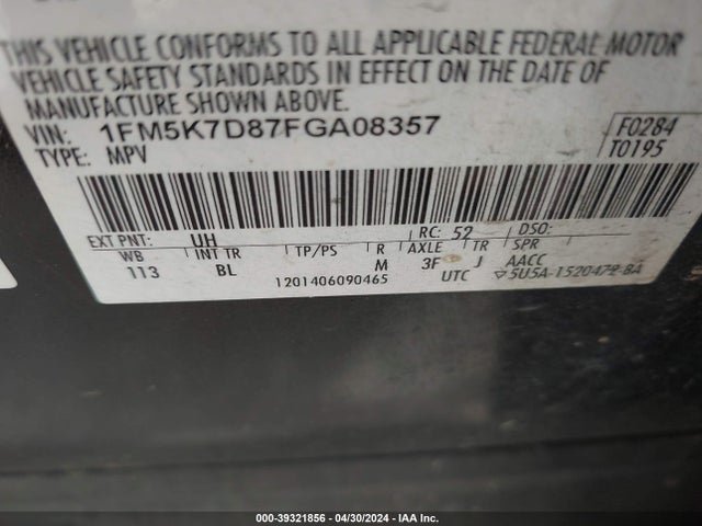 Ford EXPLORER XLT 2015 1FM5K7D87FGA08357 Image 9