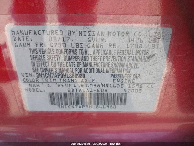 Nissan Versa 1.6 S+ 2017 3N1CN7AP9HL866980 Image 9
