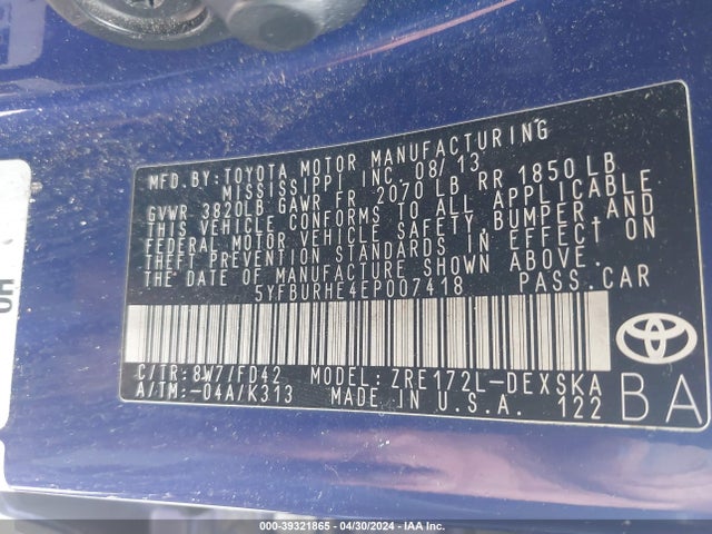 Toyota Corolla S Plus 2014 5YFBURHE4EP007418 Image 9