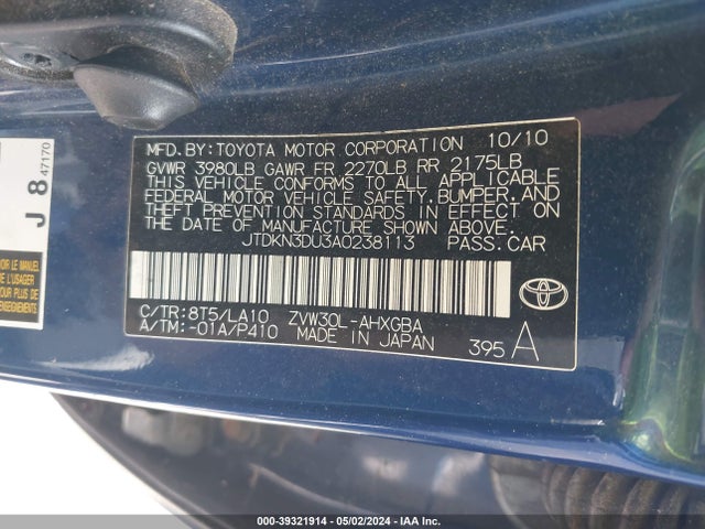 Продаж на аукціоні авто 2010 Toyota Prius Iv, vin: JTDKN3DU3A0238113, номер лоту: 39321914