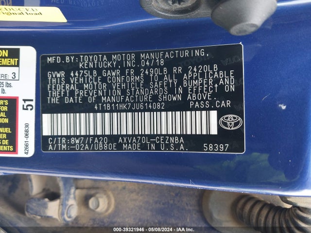 Toyota CAMRY LE 2018 4T1B11HK7JU614082 Image 9