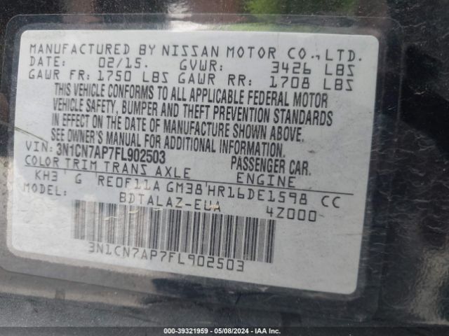3N1CN7AP7FL902503 Nissan Versa 1.6 S+