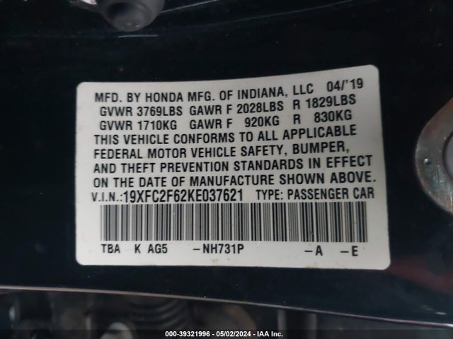 Honda Civic Lx 2019 19XFC2F62KE037621 Image 9