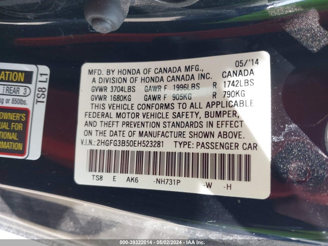 Honda Civic Lx 2014 2HGFG3B50EH523281 Image 9