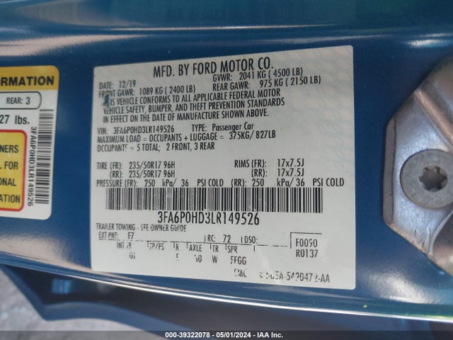 Ford FUSION SE 2020 3FA6P0HD3LR149526 Image 9