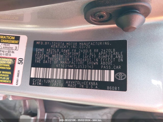 Toyota Camry Le Hybrid 2020 4T1C31AK7LU533143 Image 9