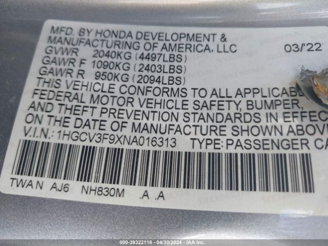 1HGCV3F9XNA016313 Honda Accord Hybrid Touring