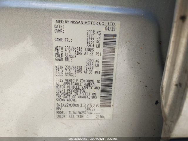 5N1AZ2MJ9KN137576 Nissan MURANO S