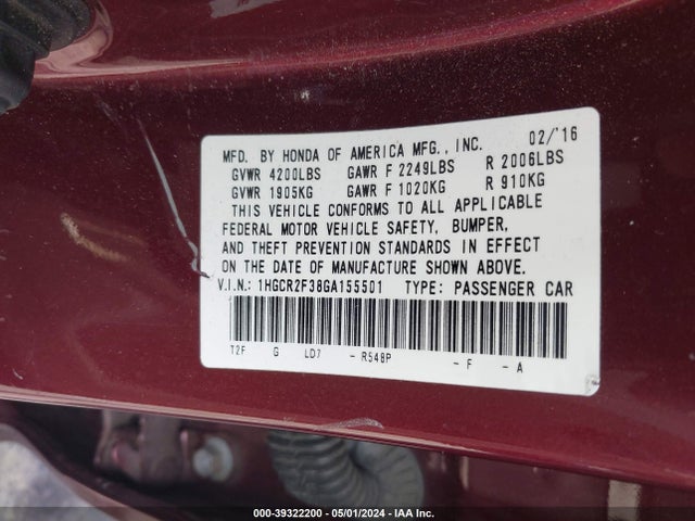 Honda ACCORD LX 2016 1HGCR2F38GA155501 Image 9