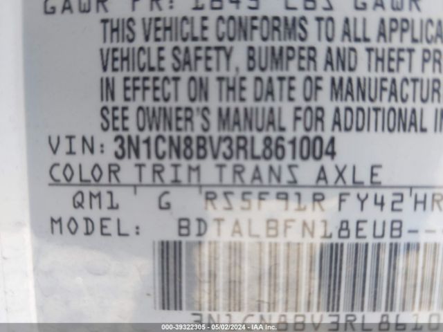 3N1CN8BV3RL861004 Nissan Versa 1.6 S