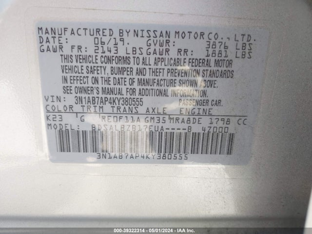 Nissan SENTRA S 2019 3N1AB7AP4KY380555 Image 9