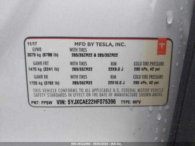 5YJXCAE22HF075396 Tesla Model X 100d/75d/90d