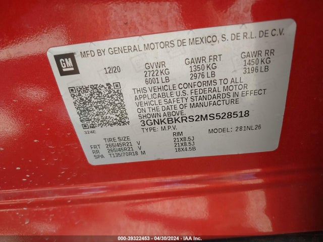 Chevrolet Blazer Awd Rs 2021 3GNKBKRS2MS528518 Image 9