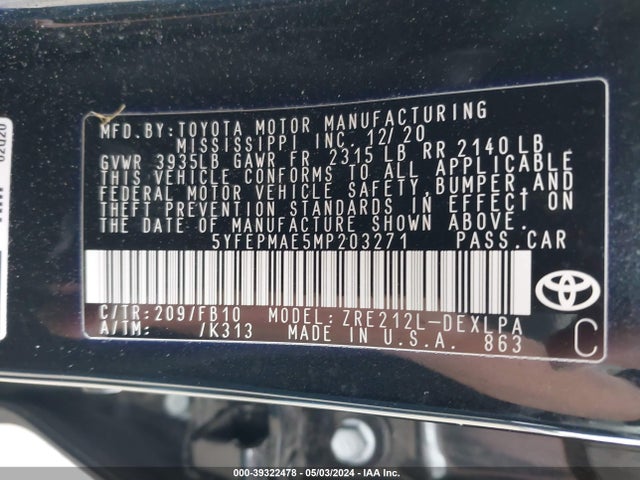 Toyota COROLLA LE 2021 5YFEPMAE5MP203271 Image 9