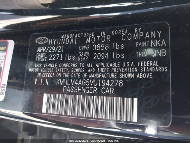 KMHLM4AG5MU194278 Hyundai ELANTRA SEL