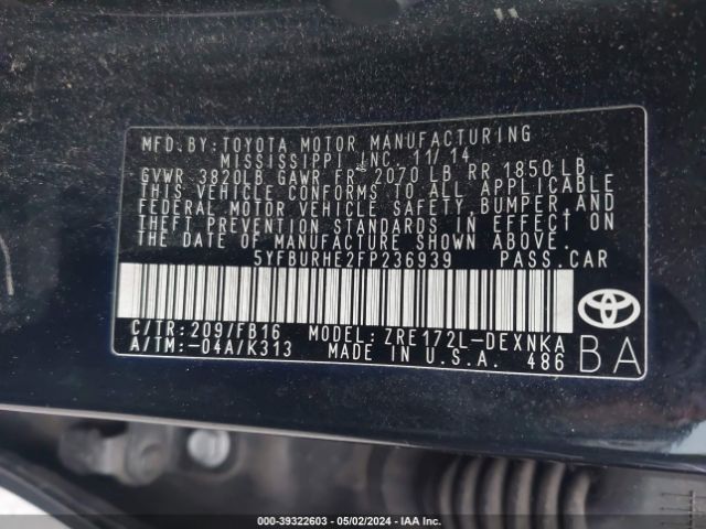 5YFBURHE2FP236939 Toyota Corolla Le Plus