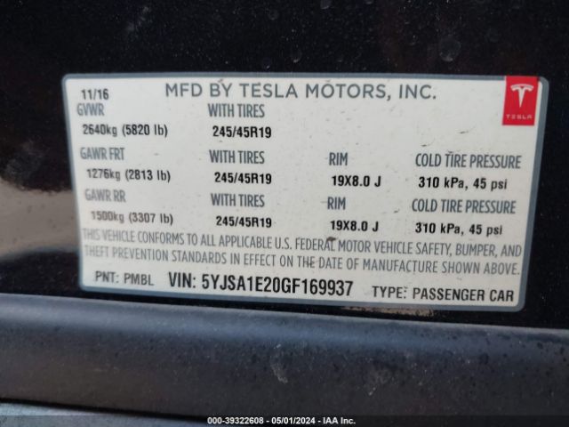 5YJSA1E20GF169937 Tesla Model S 60d/70d/75d/85d/90d