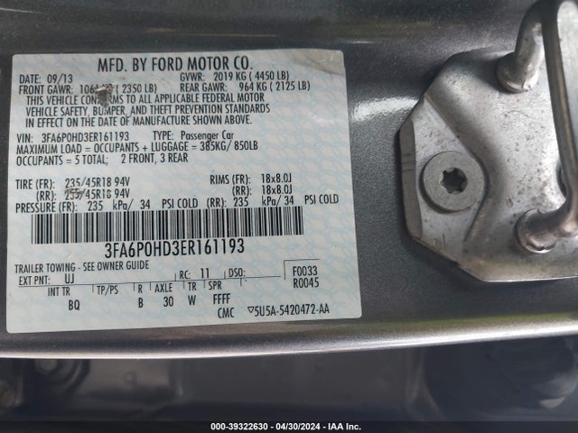Ford FUSION SE 2014 3FA6P0HD3ER161193 Image 9