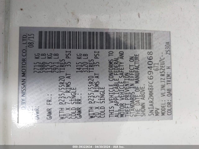 Nissan Pathfinder Platinum 2015 5N1AR2MM8FC694068 Image 9