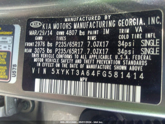 KIA SORENTO LX 2015 5XYKT3A64FG581414 Image 9