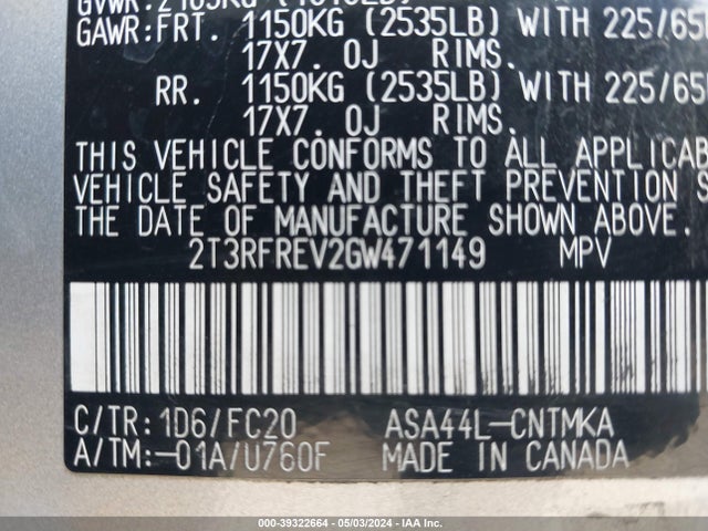 Toyota Rav4 Xle 2016 2T3RFREV2GW471149 Image 9