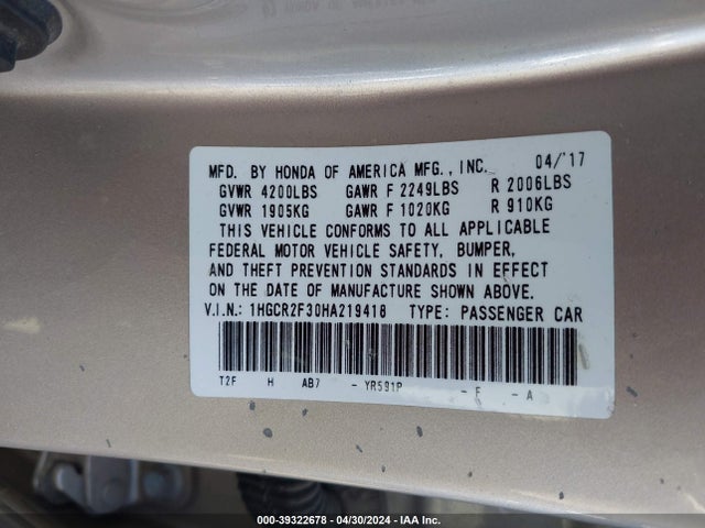 Honda ACCORD LX 2017 1HGCR2F30HA219418 Image 9